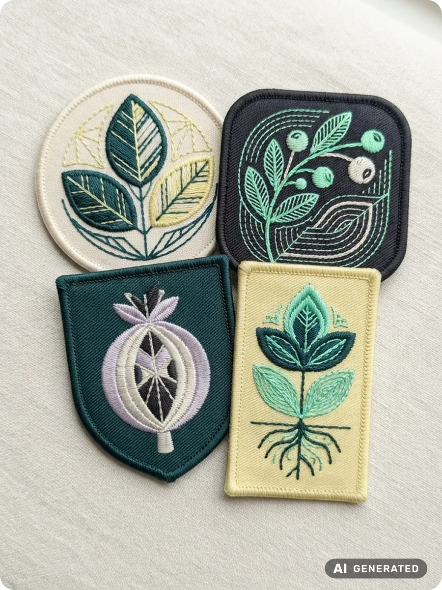 Fyra broderade m&auml;rken med botaniska motiv i gr&ouml;nt, gult och lila, l&ouml;st grupperade p&aring; cremef&auml;rgat tyg.