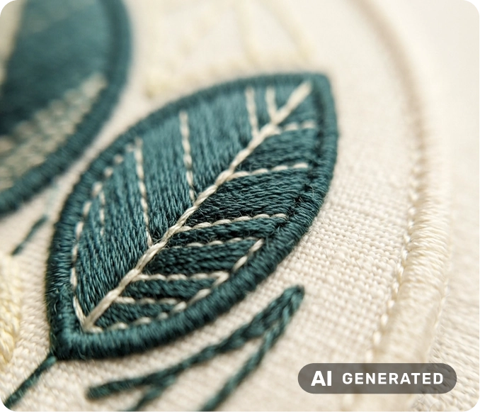 N&auml;rbild p&aring; ett cremef&auml;rgat broderat m&auml;rke med m&ouml;rkgr&ouml;nt bladmotiv.