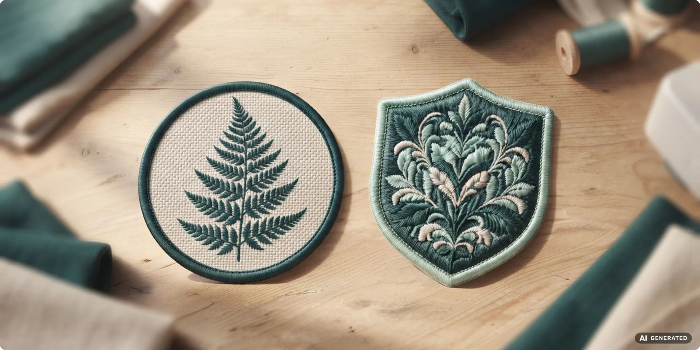 Fyra m&auml;rken i olika material: v&auml;vt, broderat, l&auml;der och gummi, grupperade p&aring; cremef&auml;rgat linne.