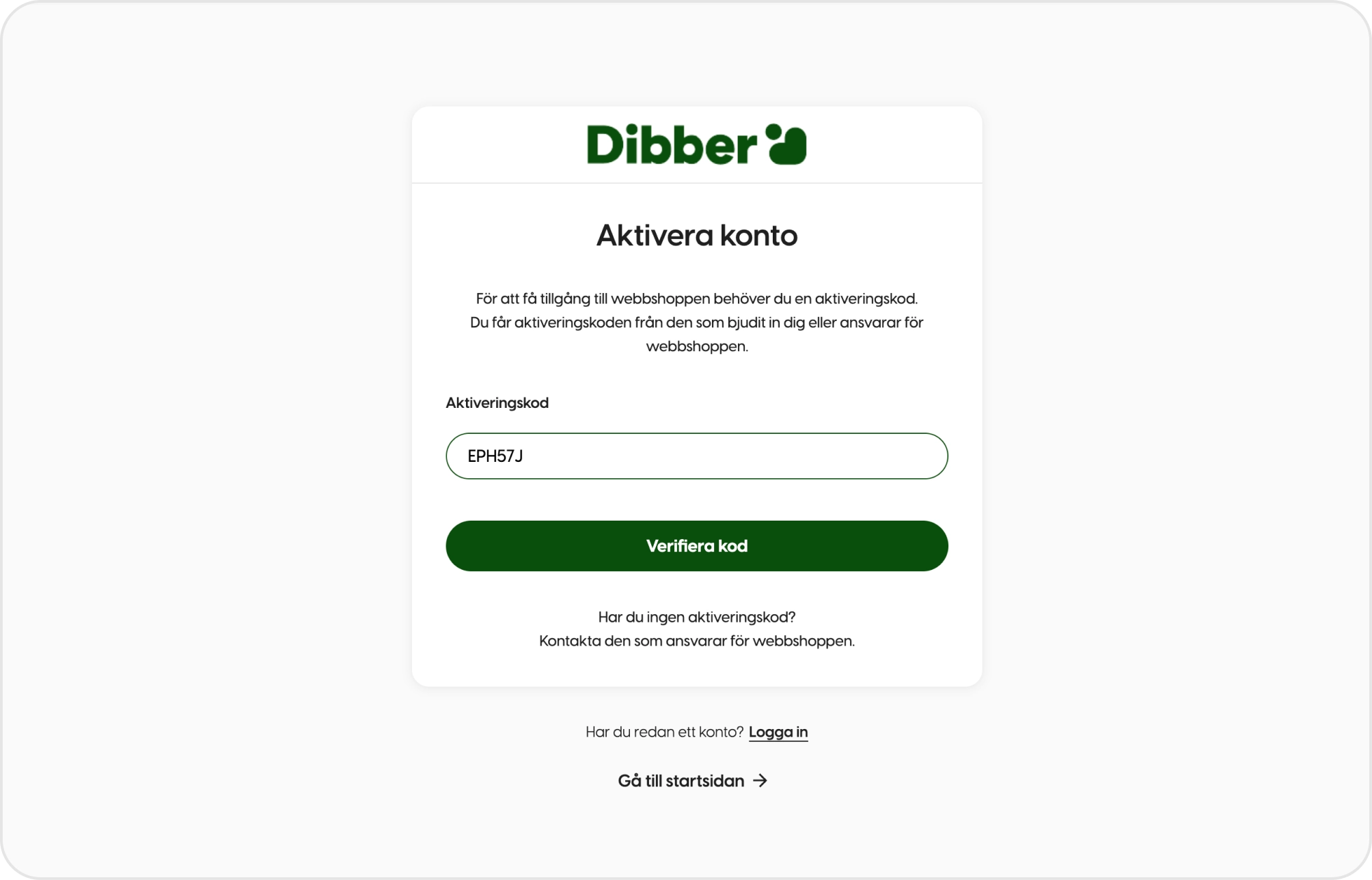 Inloggningssidan i en kunds webbshop där en ny beställare fyller i sin aktiveringskod.