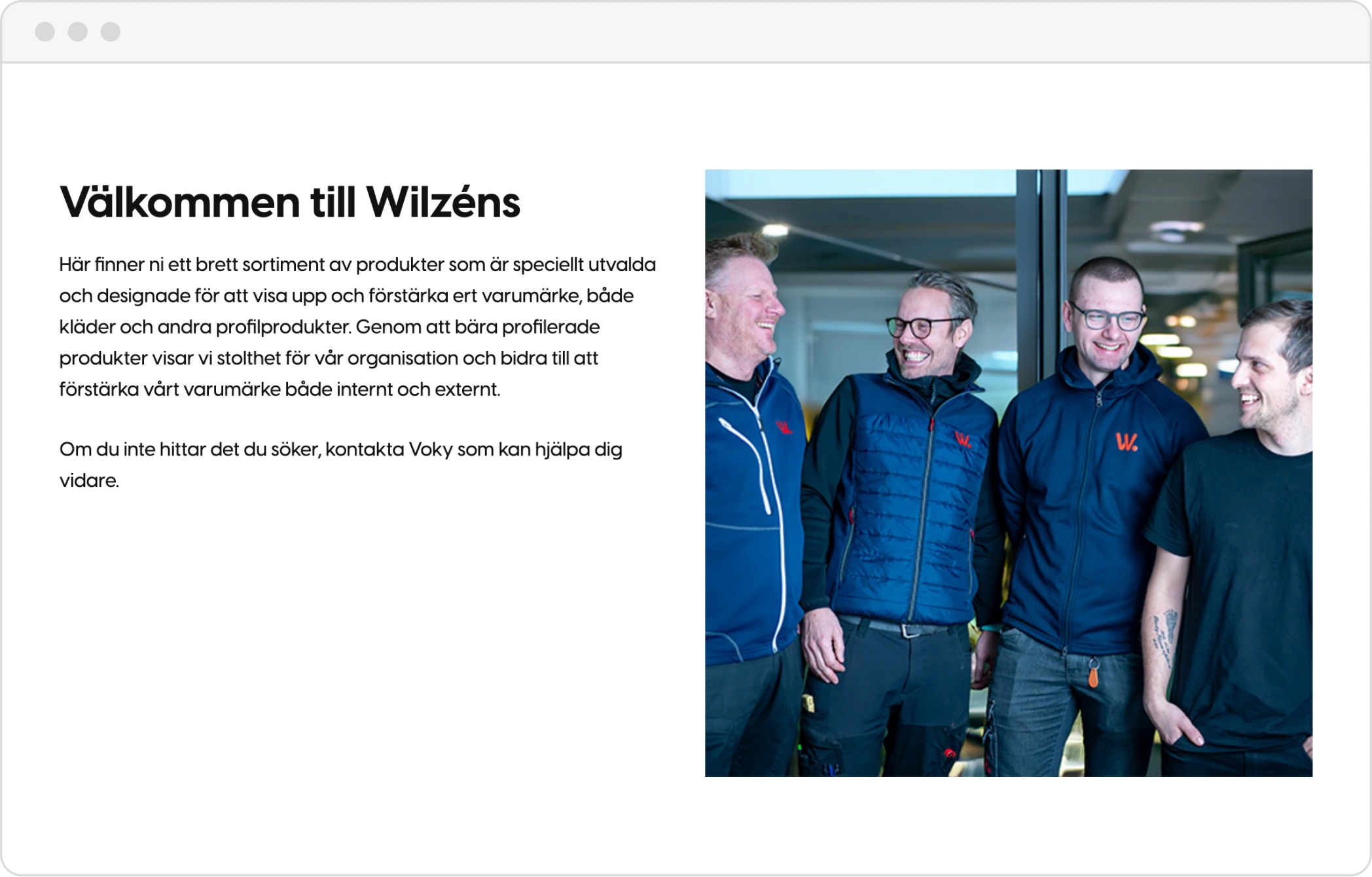 Startsidan i en kunds webbshop med en välkomsttext och en bild på fyra kollegor i profilkläder.