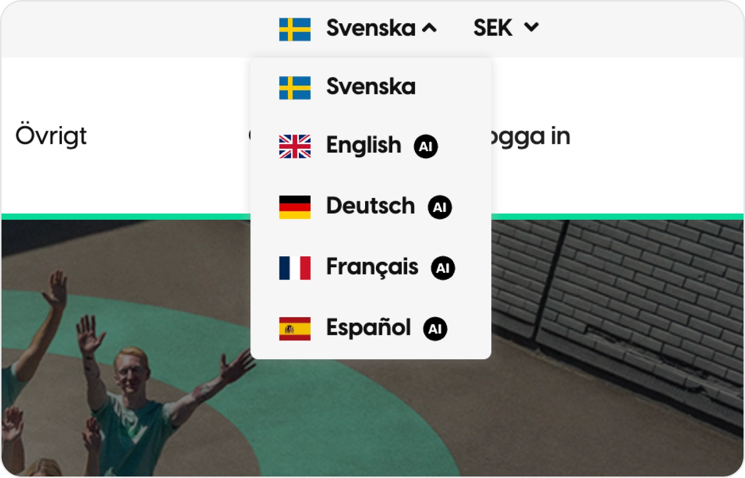 Språkväljaren i en webbshop öppen med svenska, engelska, tyska, franska och spanska, samt valutaväljaren SEK.