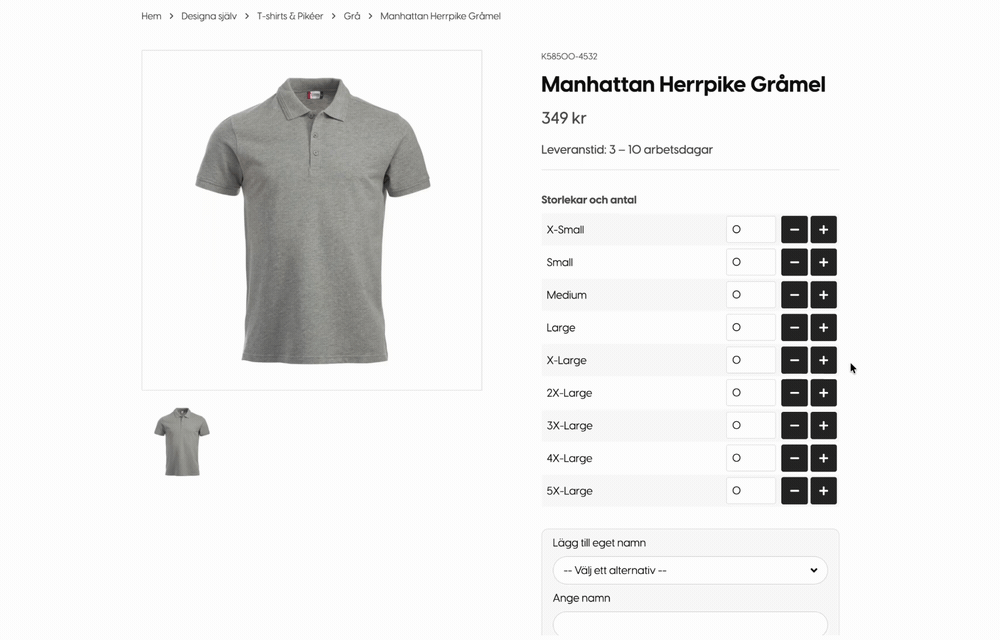 En storlek v&auml;ljs, ett prissatt tillval l&auml;ggs till och namnet Anders skrivs in direkt p&aring; produktsidan.
