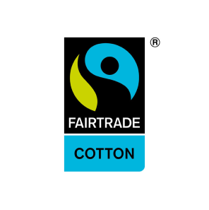 Fairtrade Cotton-logotyp: Cirkel med svart figur som vinkar, vilket symboliserar en lantarbetare på ett grönt fält under en blå himmel.