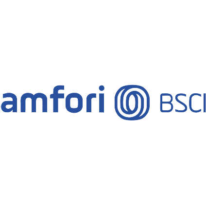 Blå "amfori BSCI"-logotyp med två sammanlänkade kedjor i mitten.