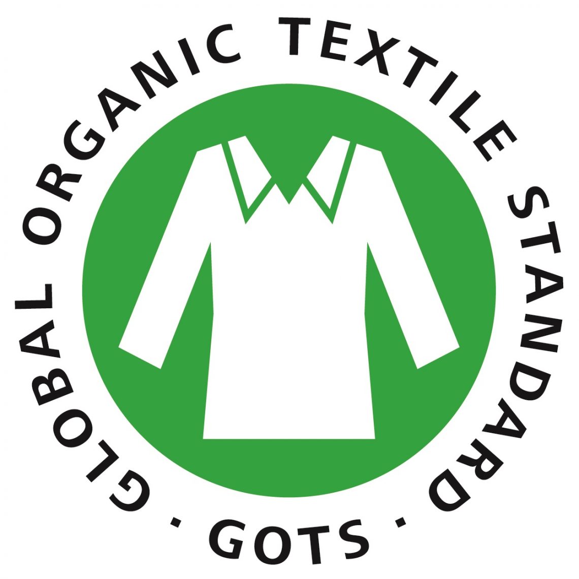 Global Organic Textile Standard-logotyp med en långärmad skjorta i mitten.