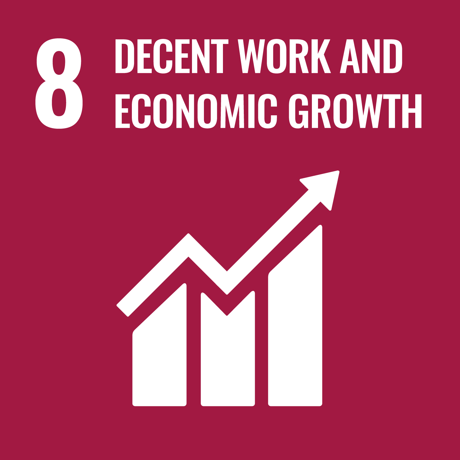 FN:s hållbara utvecklingsmål 8: Anständiga arbetsvillkor och ekonomisk tillväxt. Ett kastanjebrunt diagram med en uppåtpil som symboliserar framsteg. Siffra "8" och texten "ANSTÄNDIGA ARBETSVILLKOR OCH EKONOMISK TILLVÄXT" längst upp.