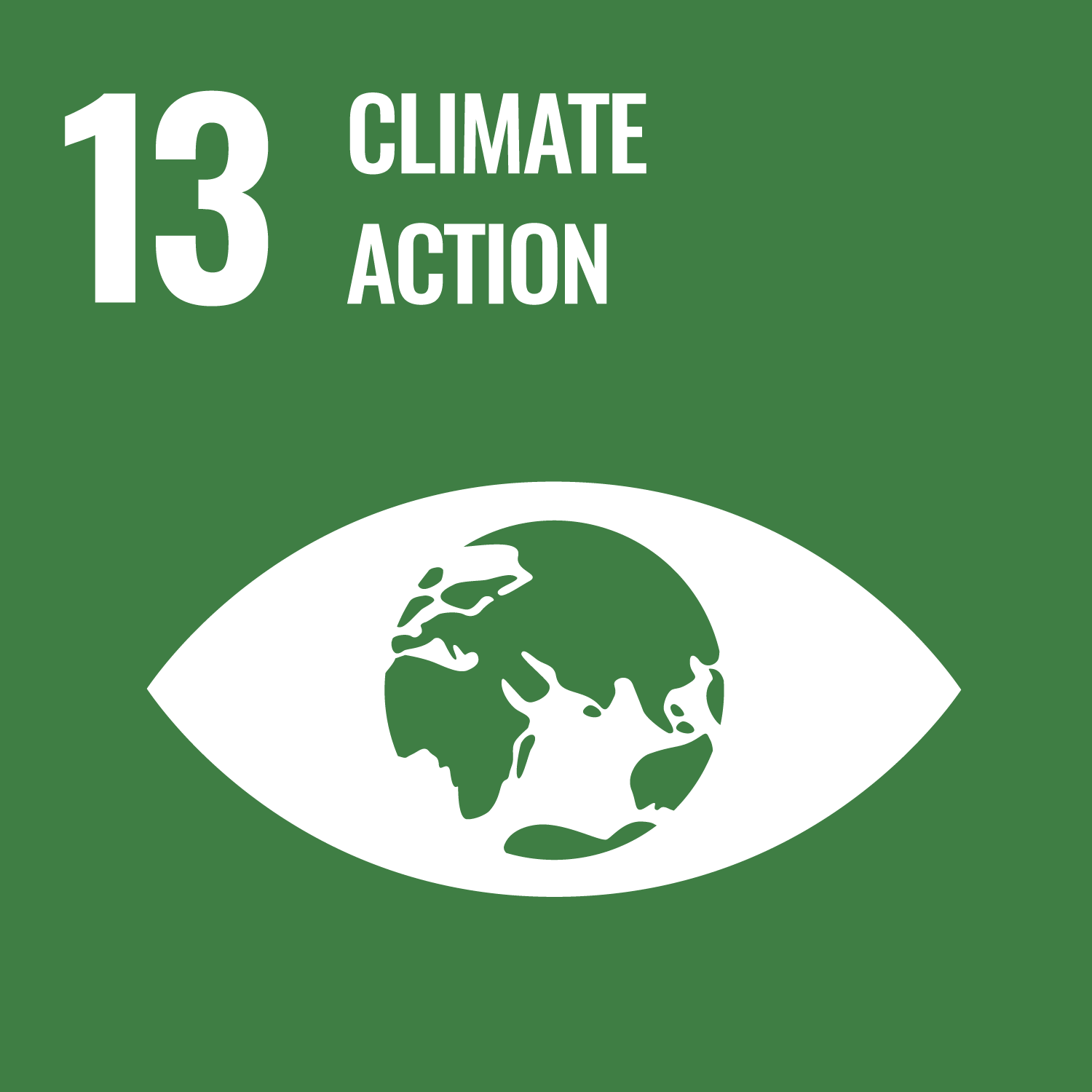 FN:s hållbara utvecklingsmål 13: Bekämpa klimatförändringarna. En grön ruta med en vit ögonsymbol i mitten. Jordklotet utgör ögats pupill.